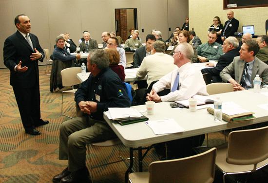 Monmouth County Freeholder Deputy Director Thomas A. Arnone speaking to members of the Grow Monmouth Advisory Committee at the group's kick-off meeting in January at the County Library Headquarters in Manalapan.